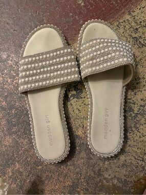 Madden Girl Cream Pearl & Rhinestone Slide Sandals